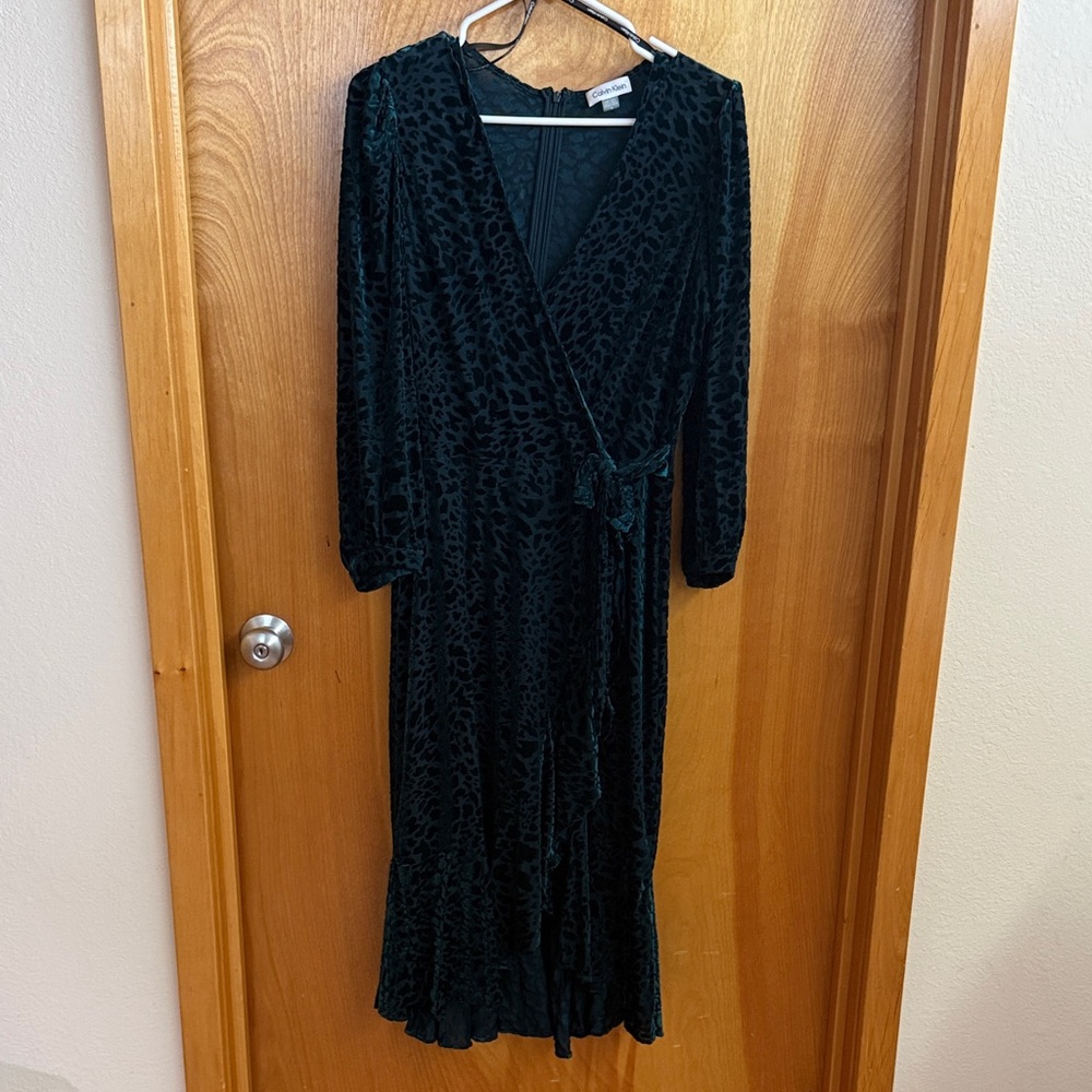 Calvin Klein Sheer Emerald Leopard Print Dress